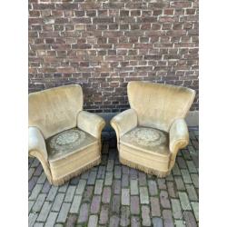 Okergele velours fauteuil set vintage/antiek