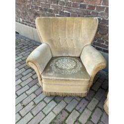 Okergele velours fauteuil set vintage/antiek