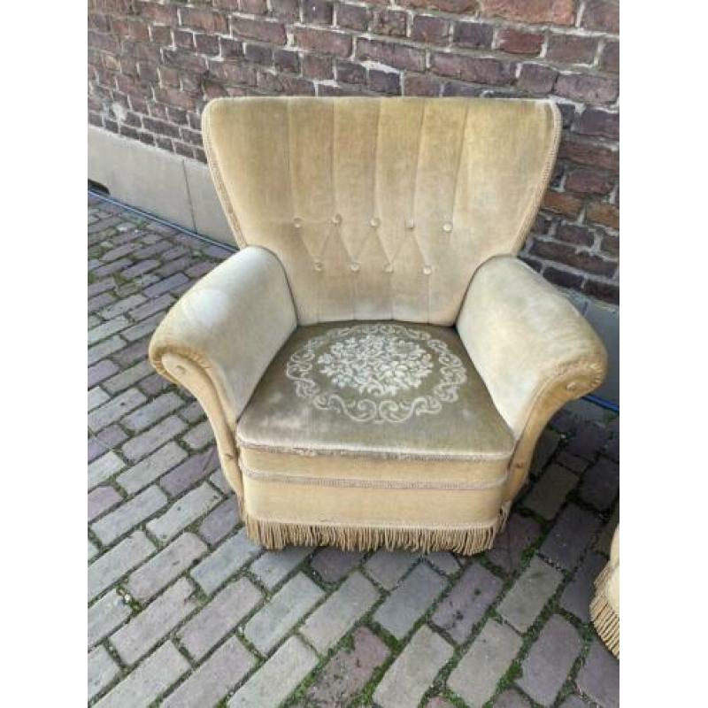 Okergele velours fauteuil set vintage/antiek