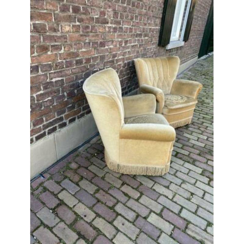 Okergele velours fauteuil set vintage/antiek