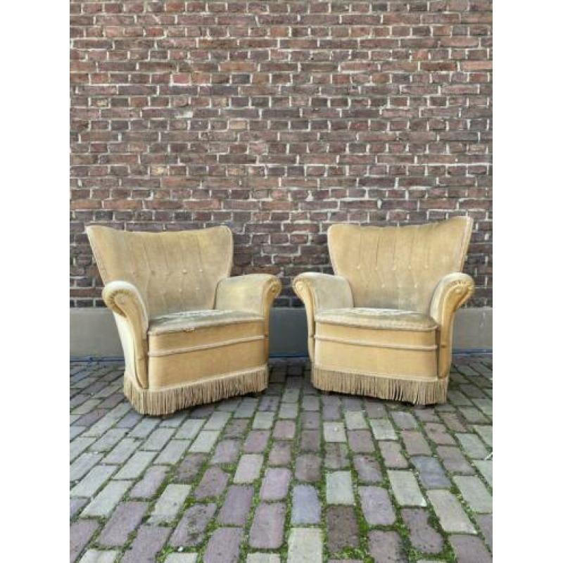 Okergele velours fauteuil set vintage/antiek