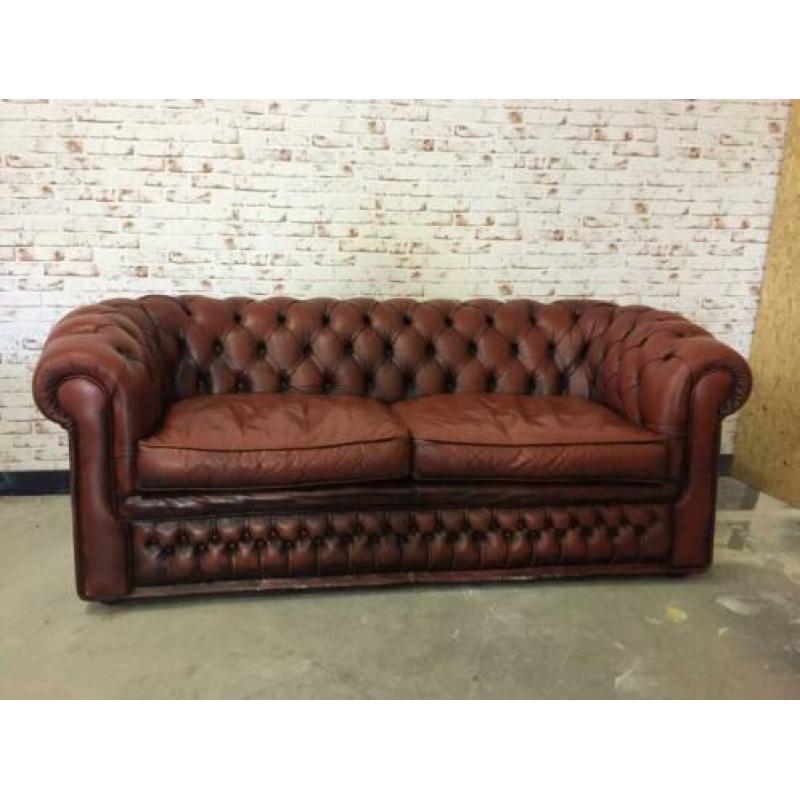 Chesterfield driezitsbank leer cognac bruin gratis bezorgd