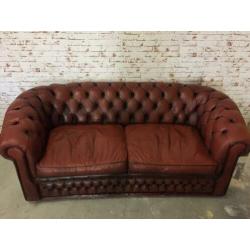 Chesterfield driezitsbank leer cognac bruin gratis bezorgd