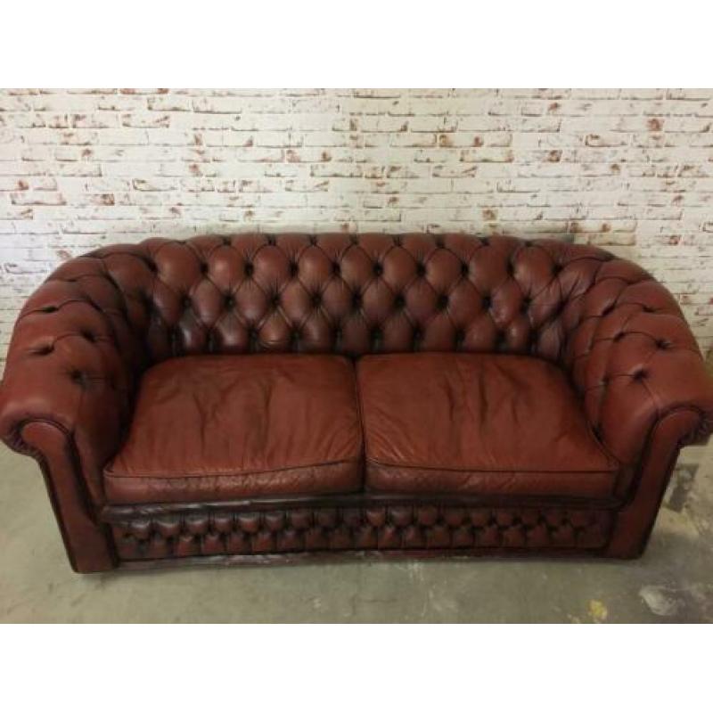 Chesterfield driezitsbank leer cognac bruin gratis bezorgd