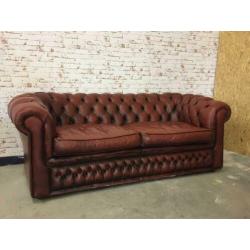 Chesterfield driezitsbank leer cognac bruin gratis bezorgd