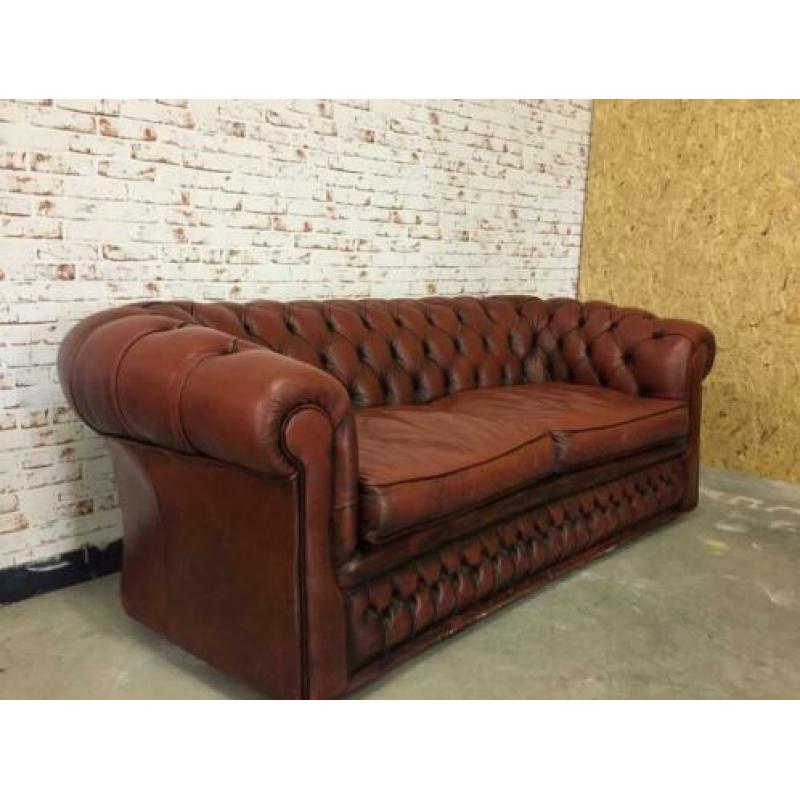 Chesterfield driezitsbank leer cognac bruin gratis bezorgd