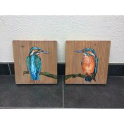 Handgeschilderd schilderij 2 x ijsvogel op steigerhout