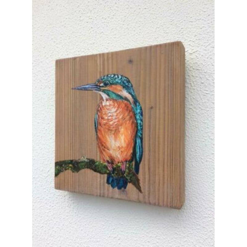 Handgeschilderd schilderij 2 x ijsvogel op steigerhout