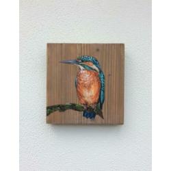 Handgeschilderd schilderij 2 x ijsvogel op steigerhout