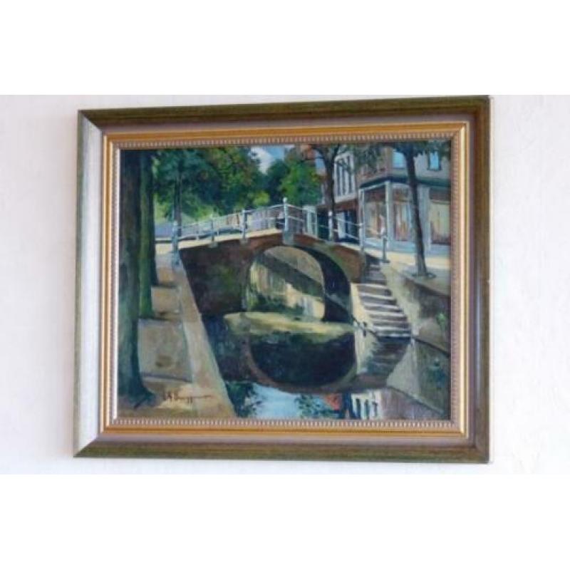 Antiek Olieverf schilderij gracht met brug