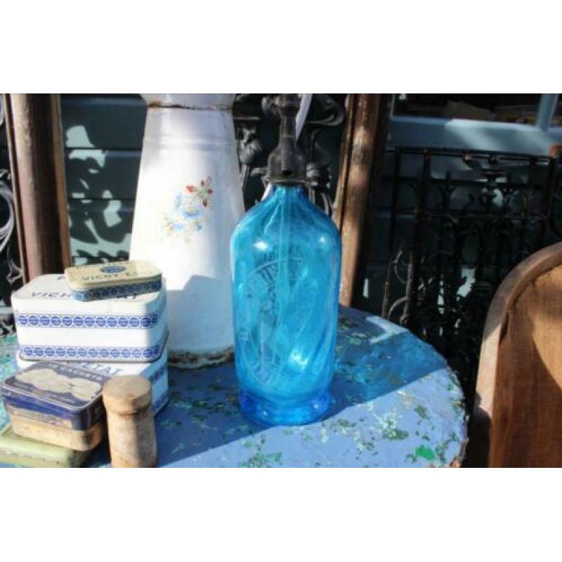 Brocante Franse blauwe spuitfles Le Coq - Mentha Brocante