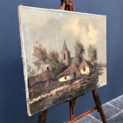 Klein oud schilderij Hollands dorpje van Dijk Olieverf