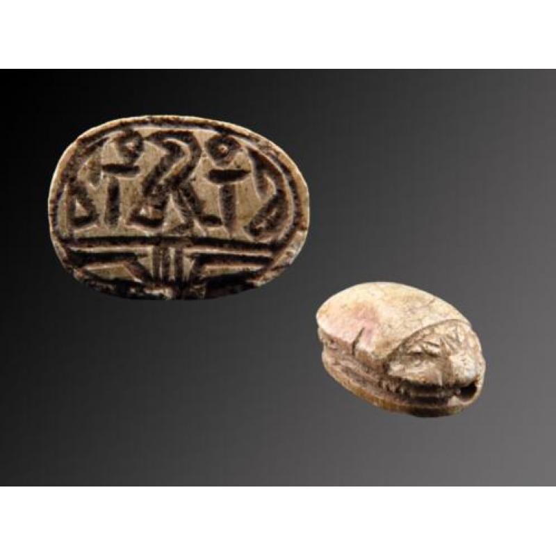 Egyptian steatite scarab with decorations of Horus with the