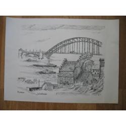 Vintage Ets-Tekening- Waalkade Nijmegen1984