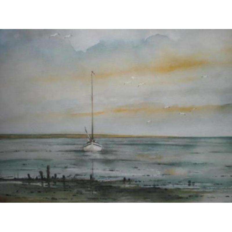 AQUAREL * RUSTIG ZEEGEZICHT * Zeilbootje op het Water *