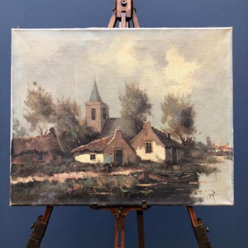 Klein oud schilderij Hollands dorpje van Dijk Olieverf