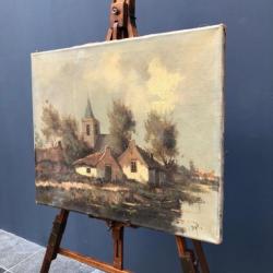 Klein oud schilderij Hollands dorpje van Dijk Olieverf