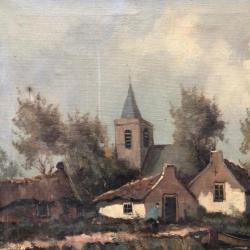 Klein oud schilderij Hollands dorpje van Dijk Olieverf